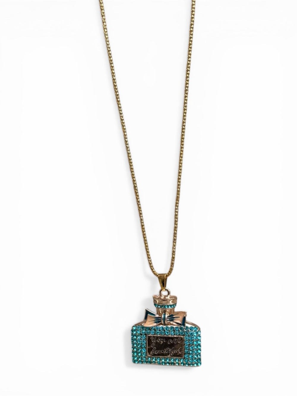 Betsey Johnson Perfume Bottle Pendant Necklace You Are Beautiful Aqua Crystals - Picture 4 of 8